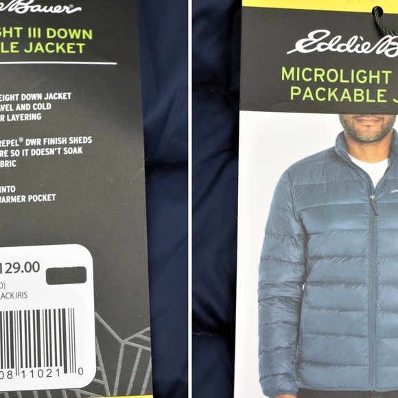 New Eddie Bauer Men's Packable Down Jacket Size XXL Water Repellent Lite Blue - Picture 4 of 12
